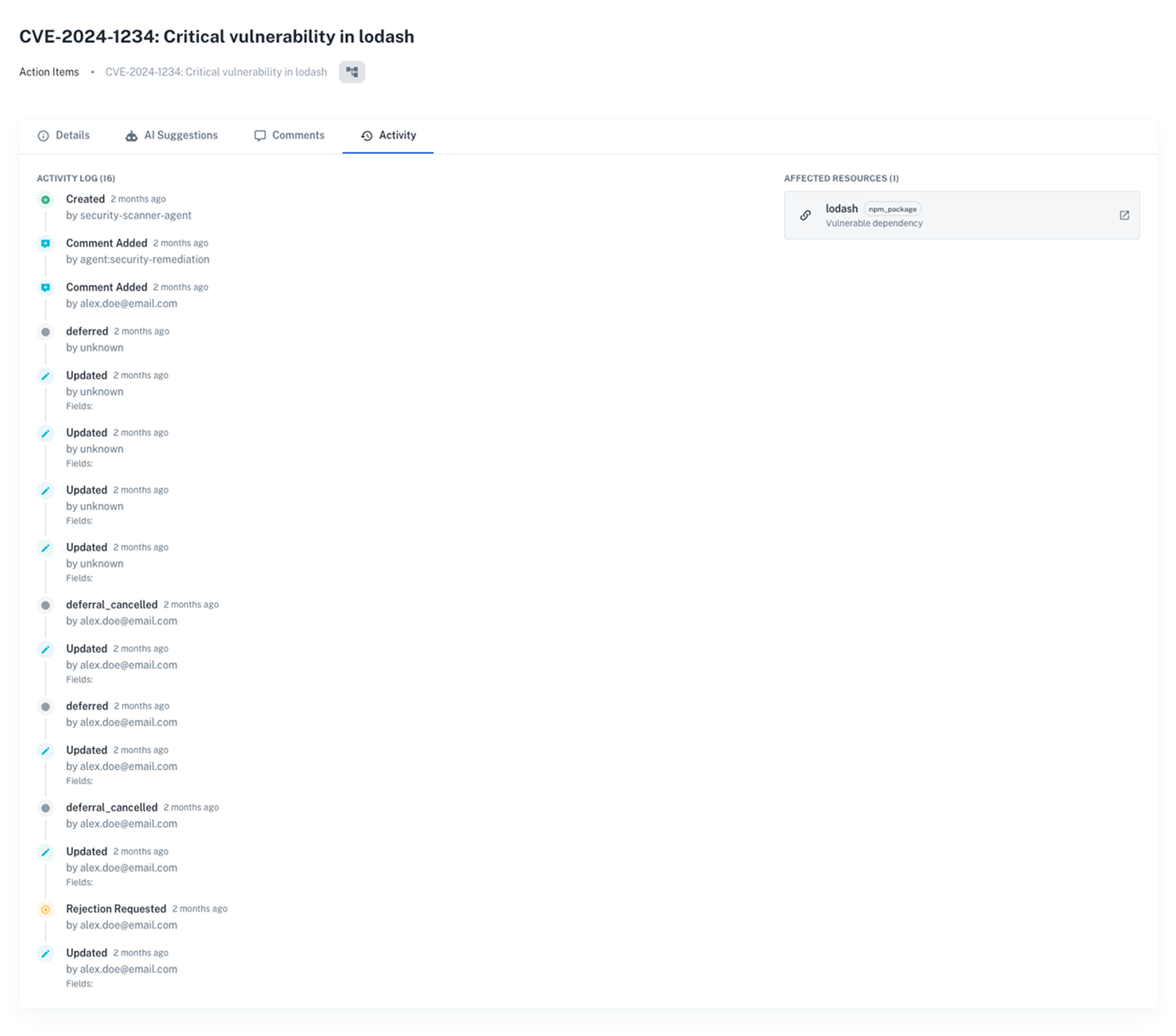 Activity tab showing the audit log with status changes, comments, and updates