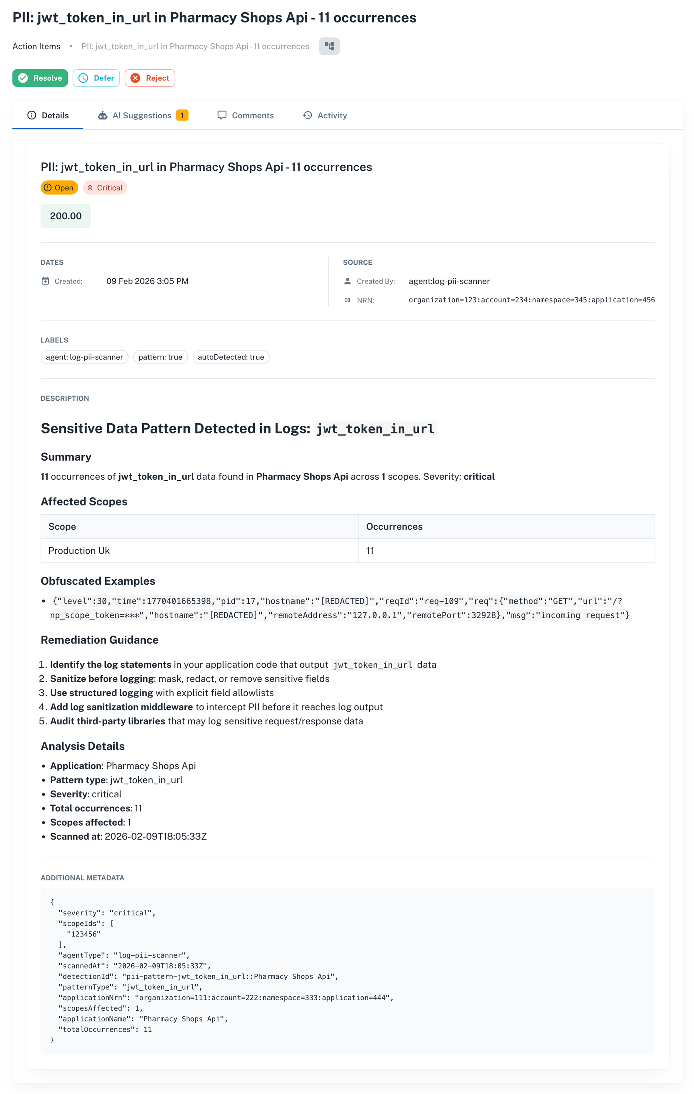 Action item details showing a jwt_token_in_url PII detection in the Pharmacy Shops API with 11 occurrences on the Production UK scope