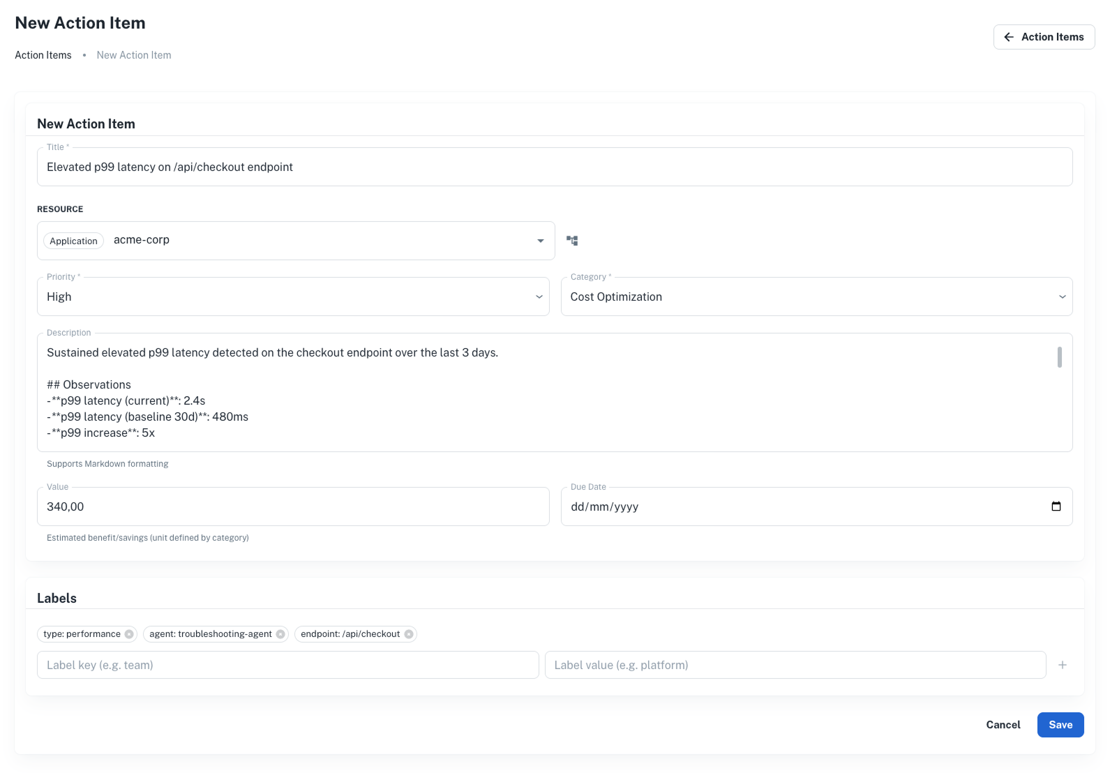 New action item form in Platform Settings with fields for title, description, NRN, category, priority, value, due date, labels, affected resources, and references