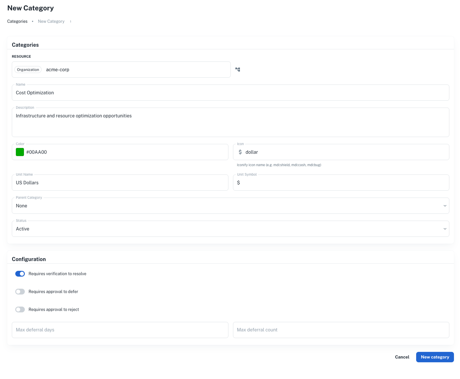 New category form in Platform Settings showing name, description, color, icon, unit, parent, and governance controls
