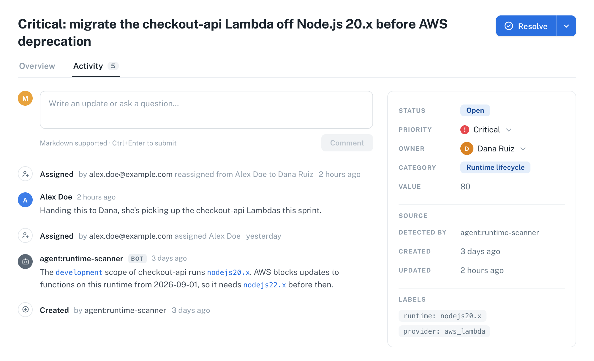 Activity tab showing assignment entries and comments in one chronology, newest first