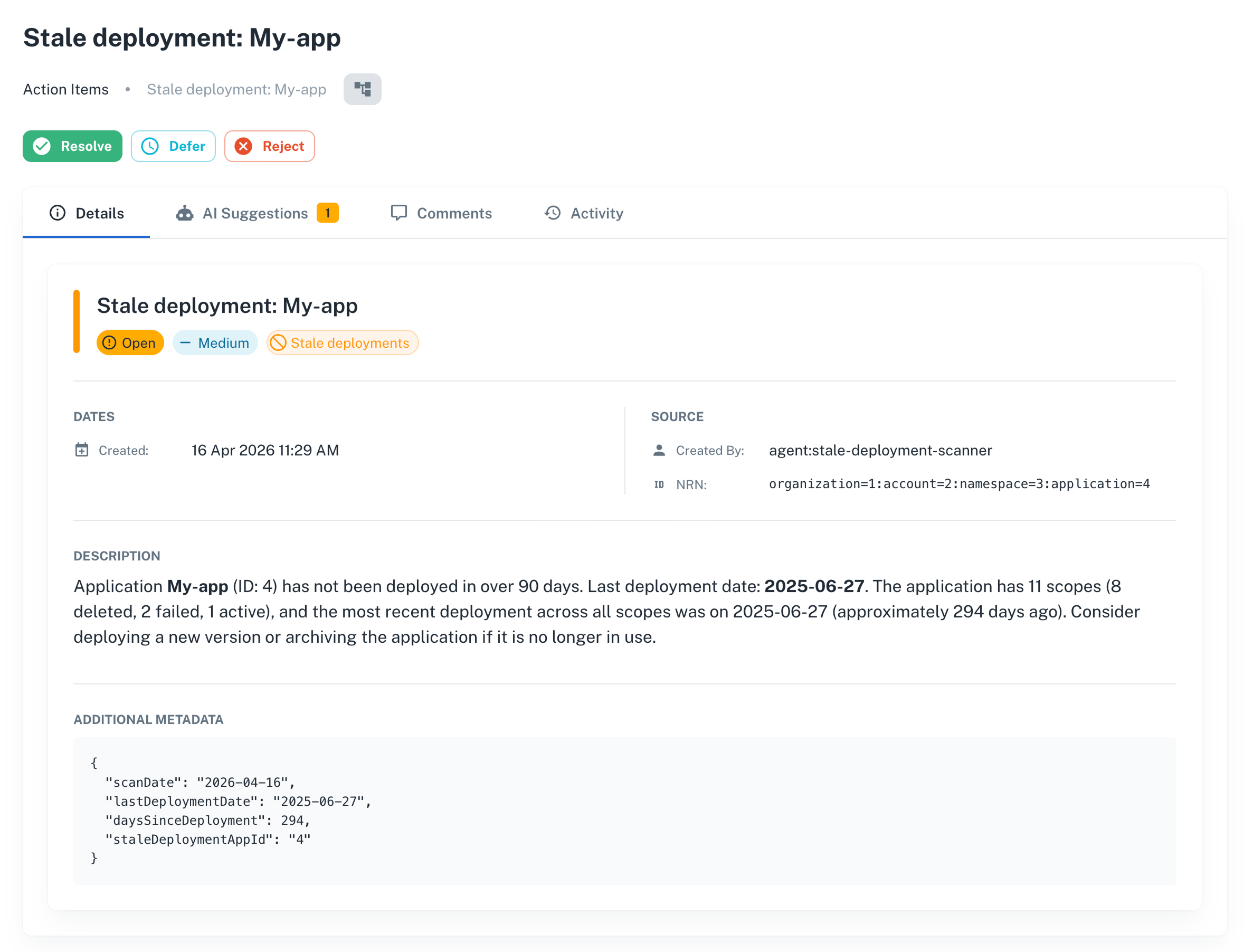 Action item detail view showing Stale deployment: My-app with open status, medium priority, last deployment date, and metadata