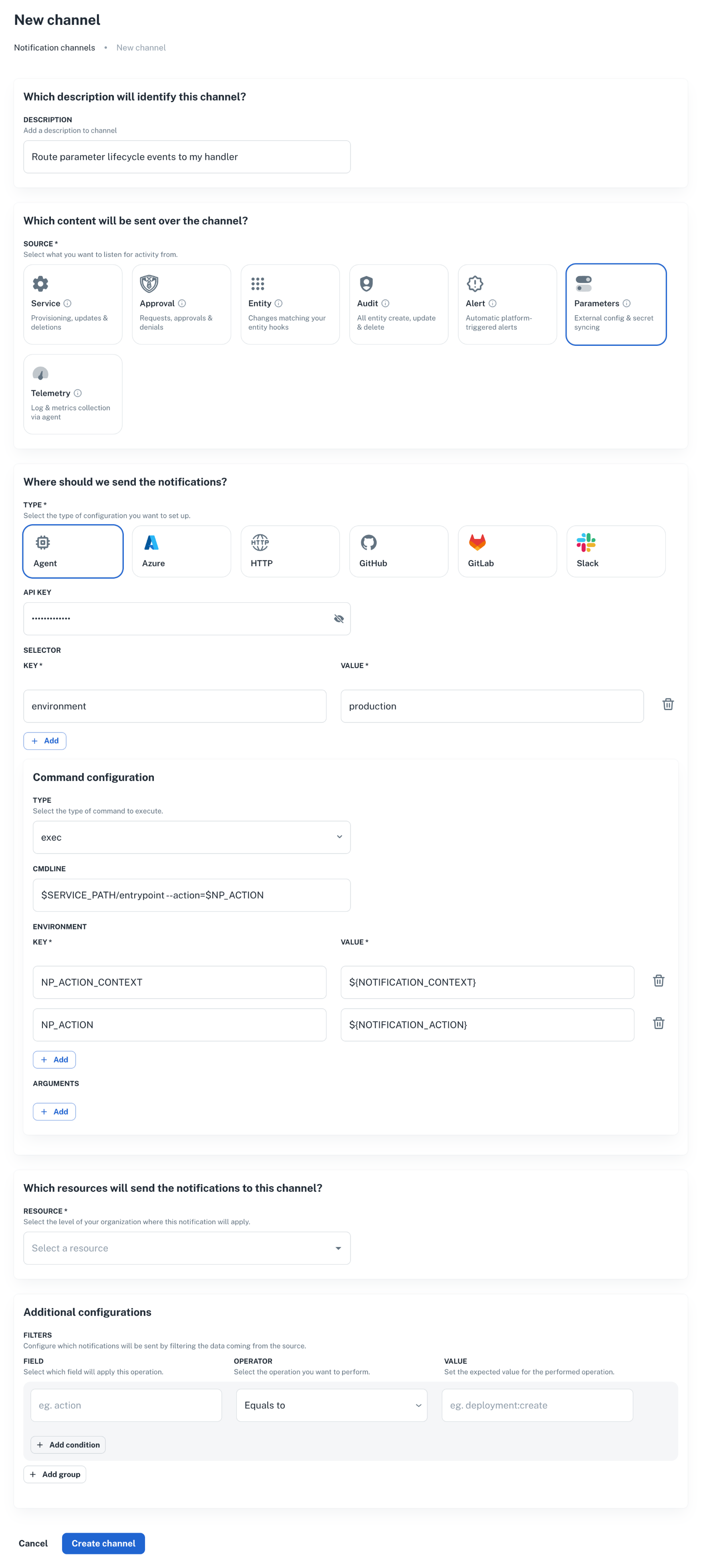 create a channel for external parameters