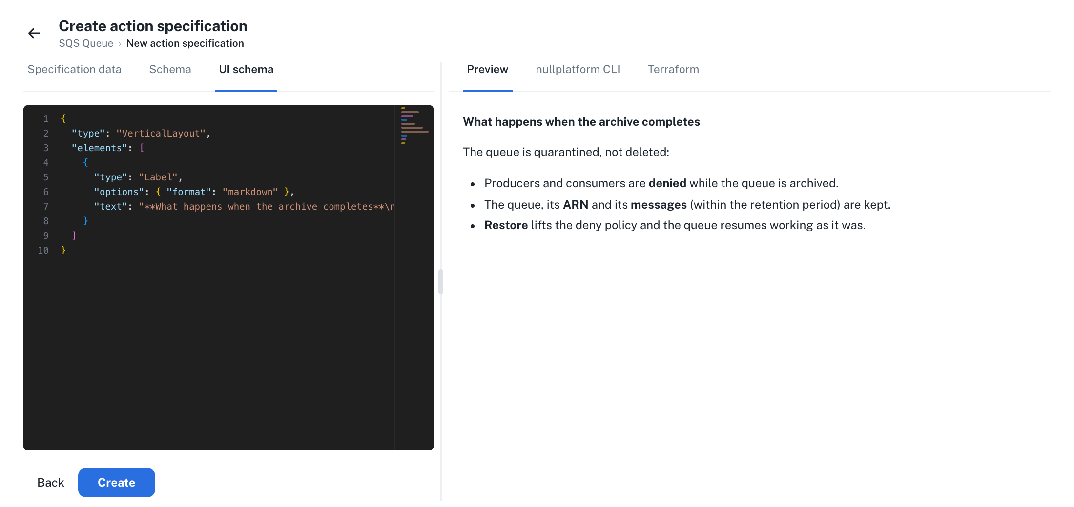 The Create action specification view with the UI schema tab active: the editor on the left holds the VerticalLayout with the markdown Label, and the Preview tab on the right renders it as a bold heading, a paragraph and a three-item list