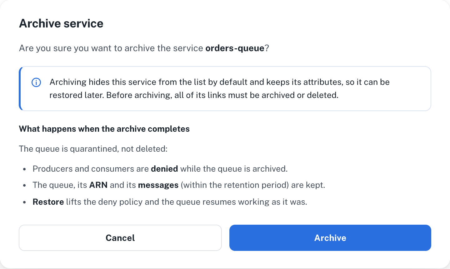 The archive confirmation dialog in the Development view: the built-in message says the service is hidden and can be restored, and the specification's label below it explains that the queue is quarantined, producers and consumers are denied, the queue and its messages are kept, and restore lifts the deny policy