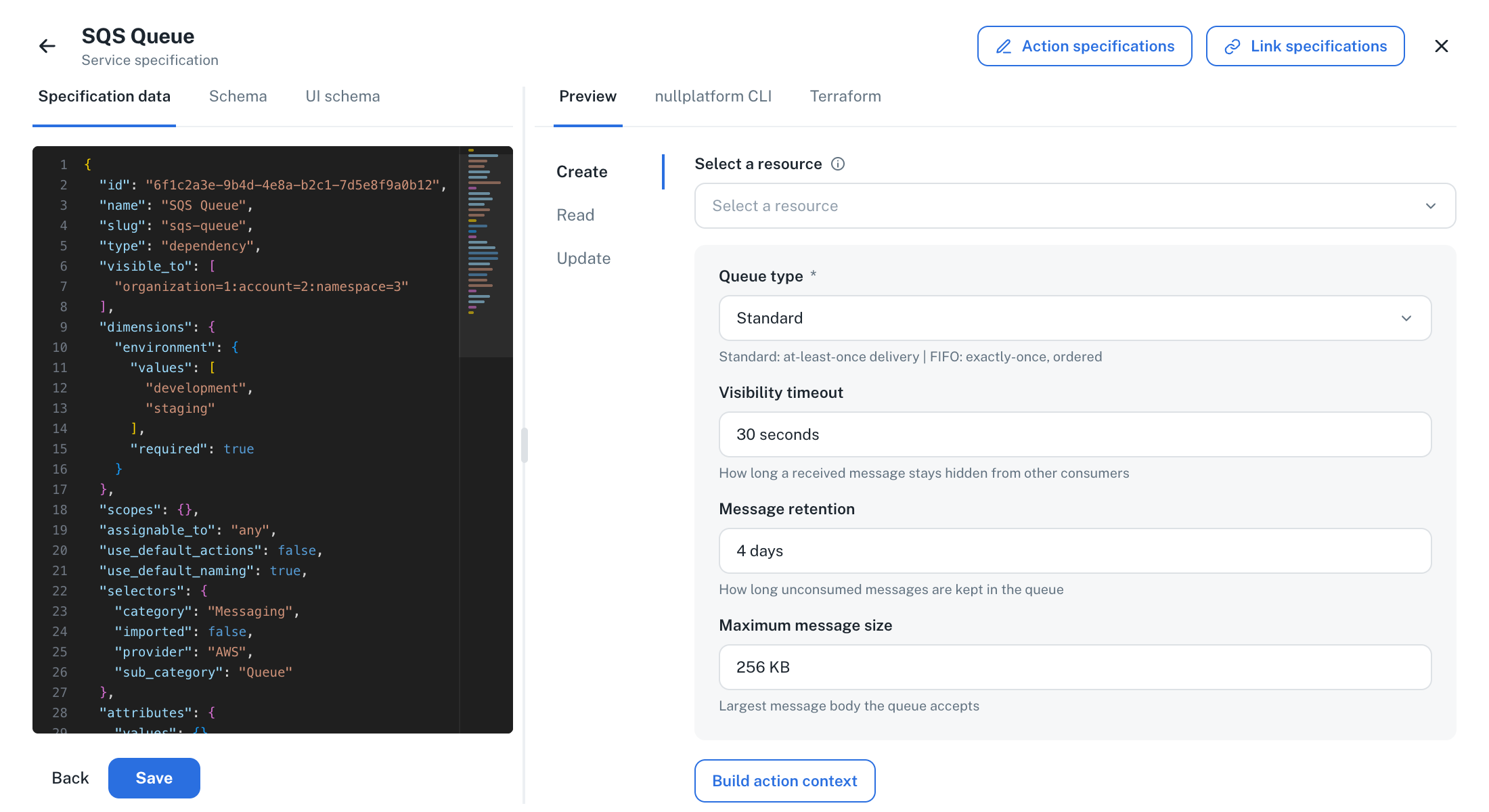 The service specification view in Platform settings: the Specification data tab shows the SQS Queue specification JSON in a code editor, the Preview tab on the right renders the create form, and the Action specifications and Link specifications buttons sit at the top right