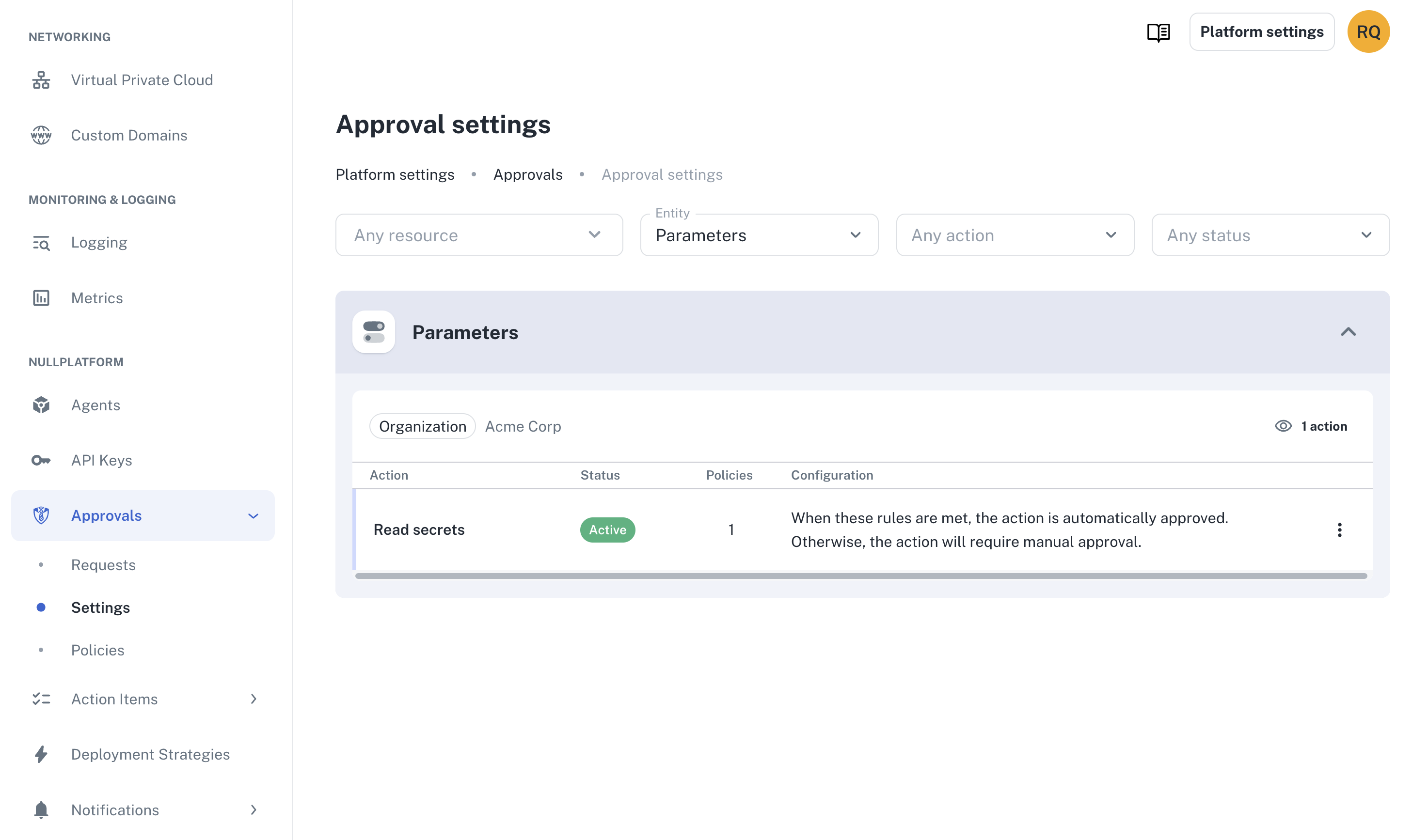 Approval settings listing the parameter read-secrets action