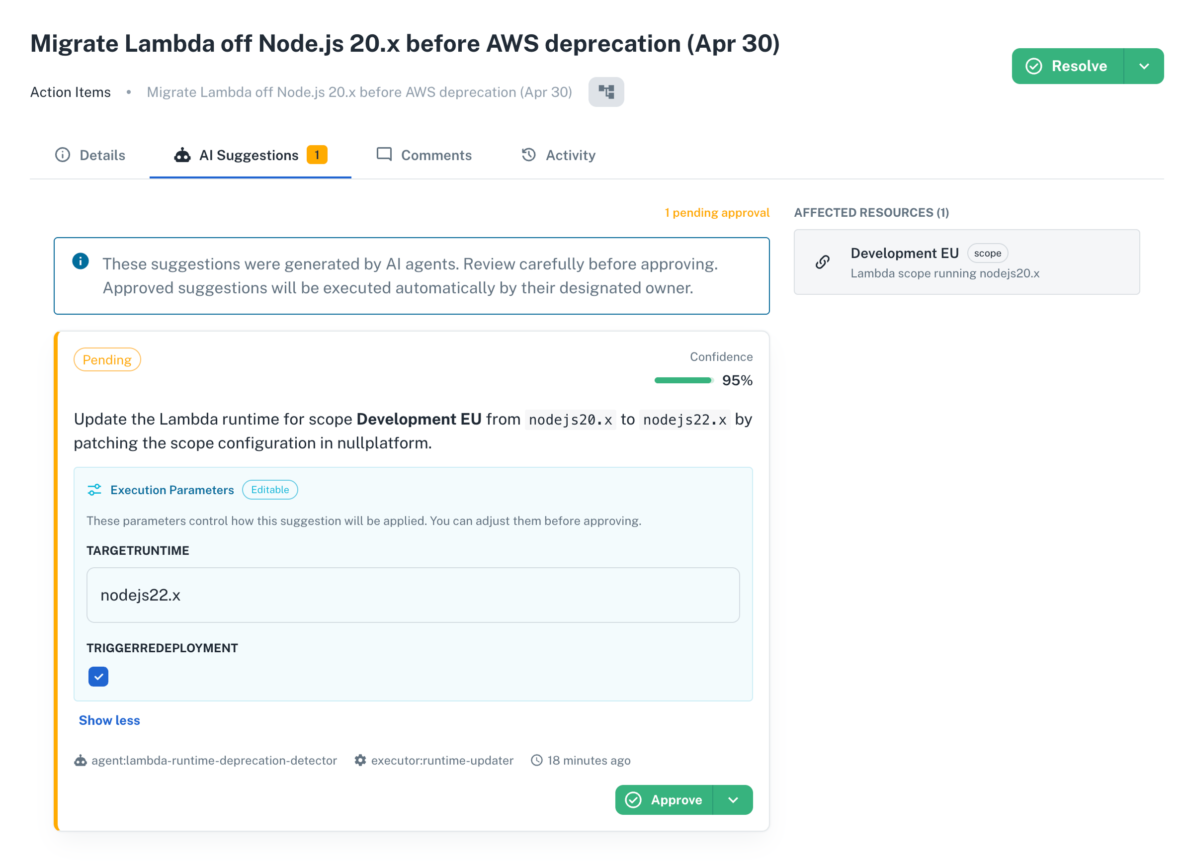 AI Suggestions tab on the Lambda migration action item showing a pending suggestion with 95% confidence and editable target runtime parameter