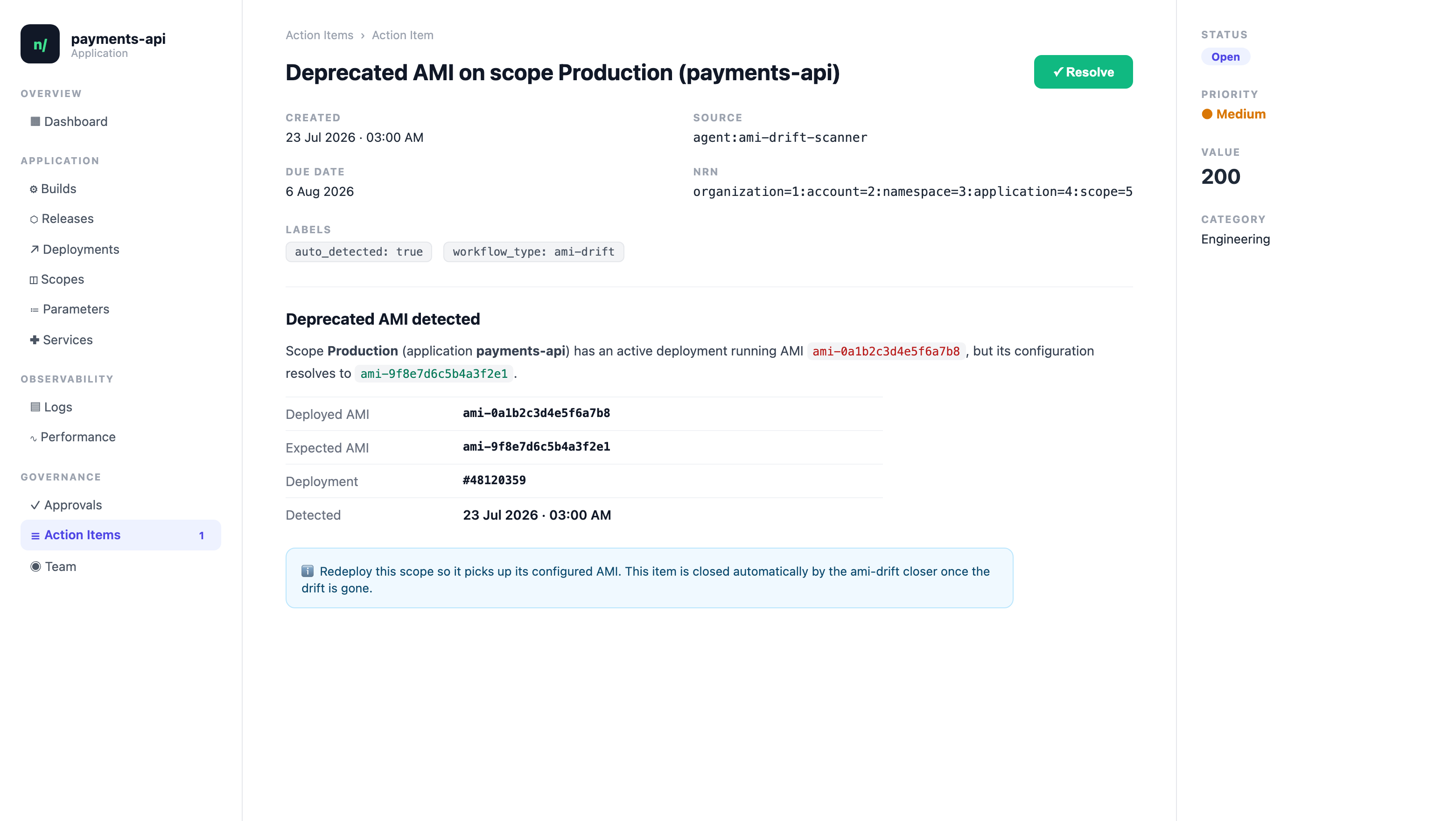 An AMI drift action item on the application dashboard: deployed versus expected AMI, due date, priority, and the note explaining it closes automatically