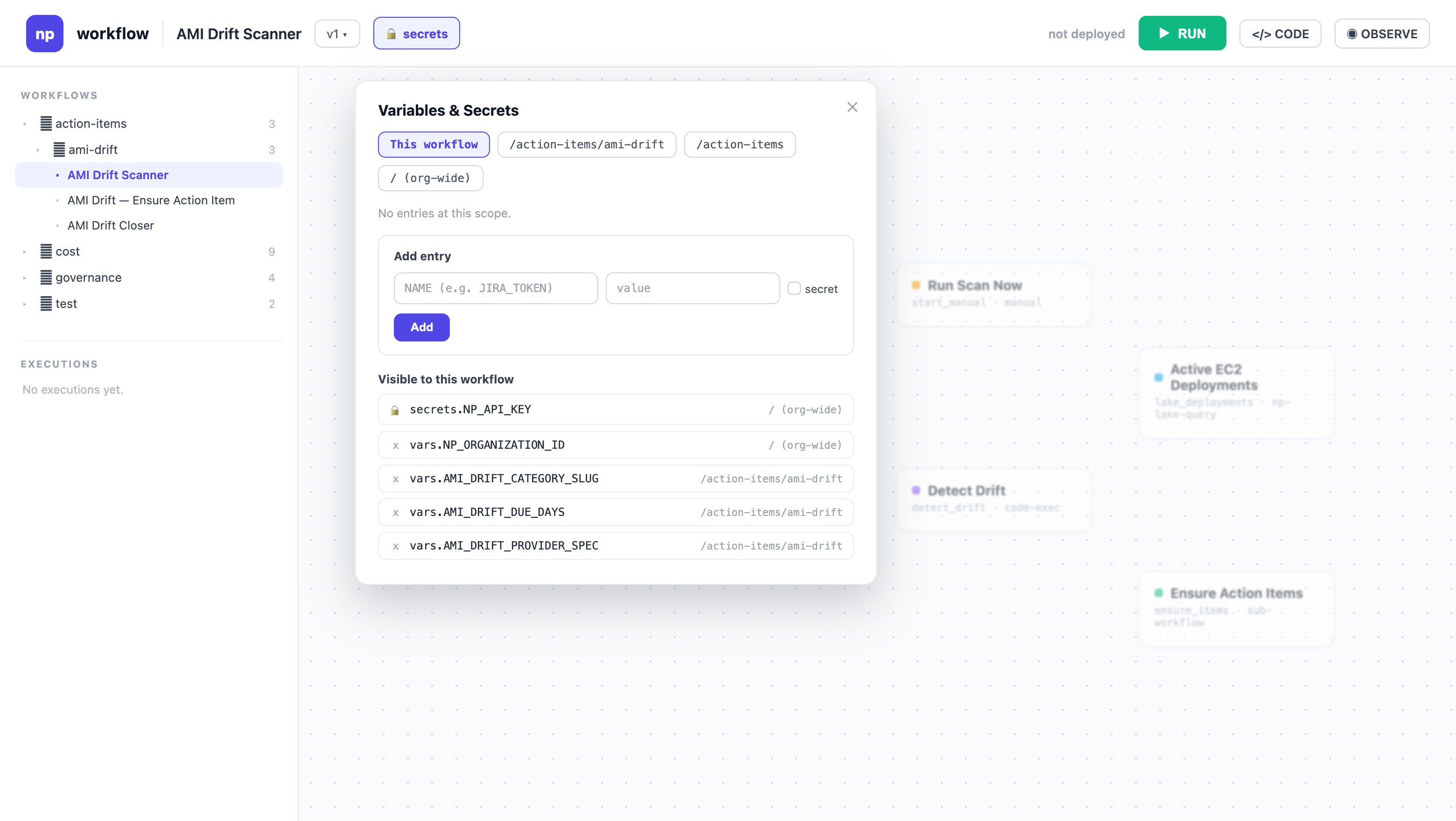 The Variables & Secrets panel in the workflow editor: scope chips for this workflow, its folders, and the organization root, the add-entry form with the secret checkbox, and the list of entries visible to the workflow, each tagged with the place it resolves from